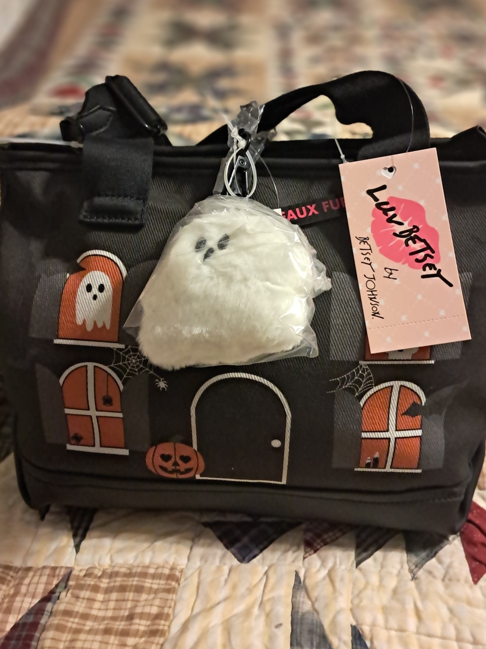 BETSEY JOHNSON HALLOWEEN HAUNTED HOUSE CANVAS BAG CROSSBODY PLUSH GHOST CHARM